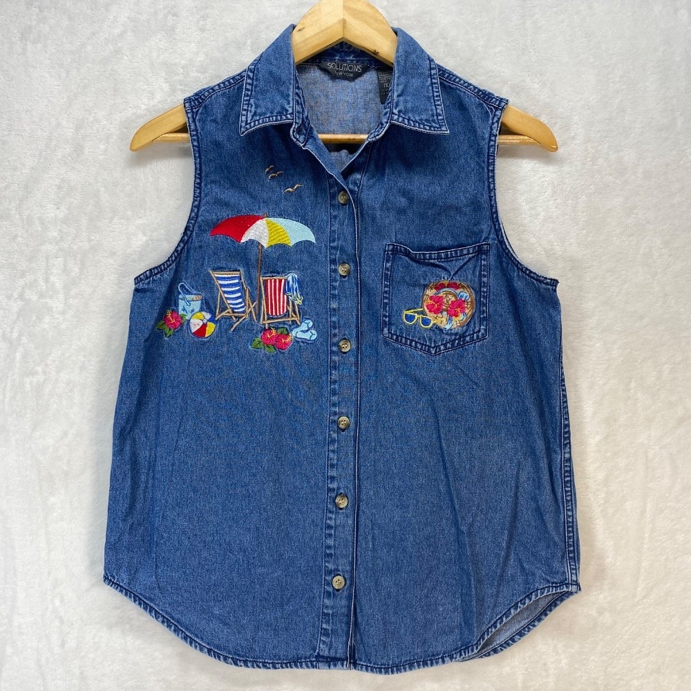 Solutions New York Denim Sleeveless Shirt Beach Embroidery‎ Button Up S